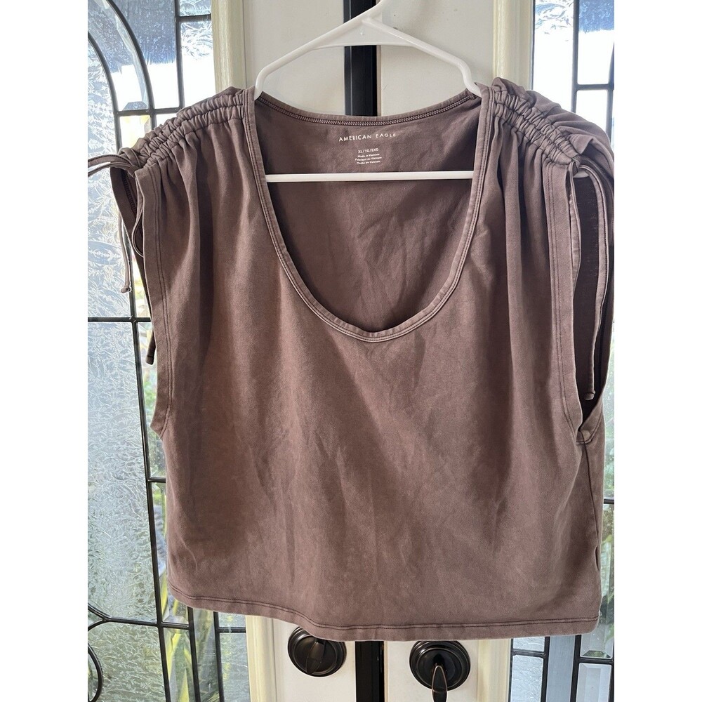 American Eagle Womens Tank Top XL Brown Sleeveless Ribbon Tie Stretchy Cropped